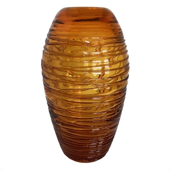 Eastern Hand Blown Beehive Vase Thick Amber Art Glass String Thread Overlay EUC - Picture 5 of 16